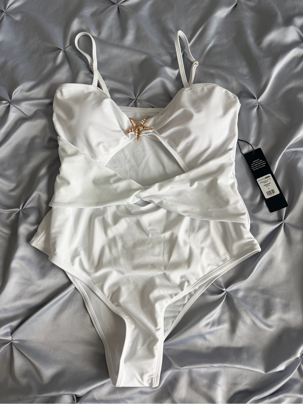 Fashion Nova White One-Piece Swimsuit with Gold Starfish Charm